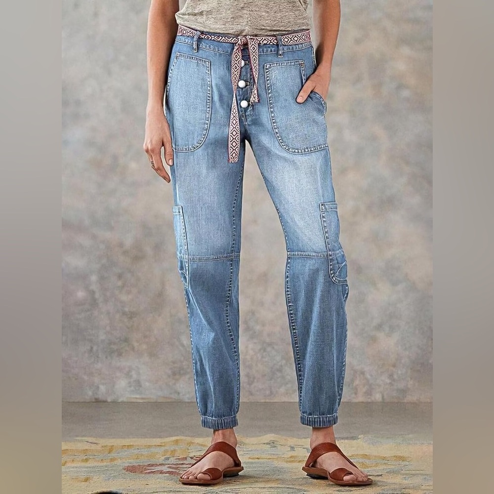 Flamingals barrel Leg Button Fly Jeans for Women Multi Pocket Mid Rise L CN2